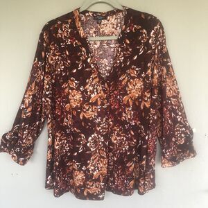 Cocomo Blouse Top Woman 2X Floral Slinky Stretch 3/4 Sleeve Pleated Boho Travel